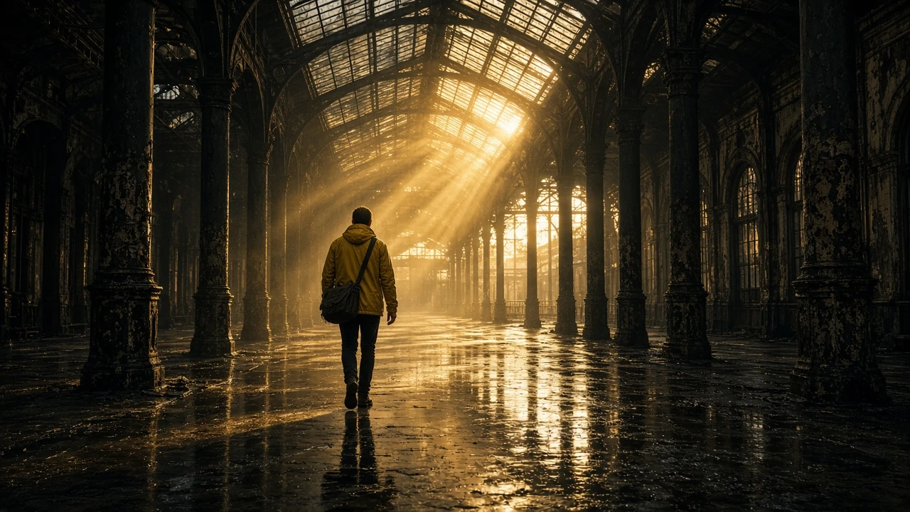 A courier in a yellow jacket in an abandoned station, rays of light