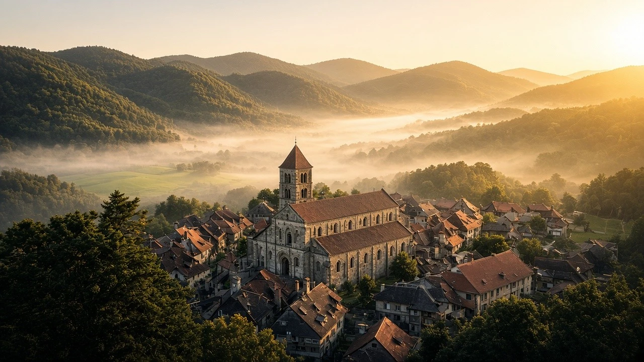 A Jura village at dawn, seen from above