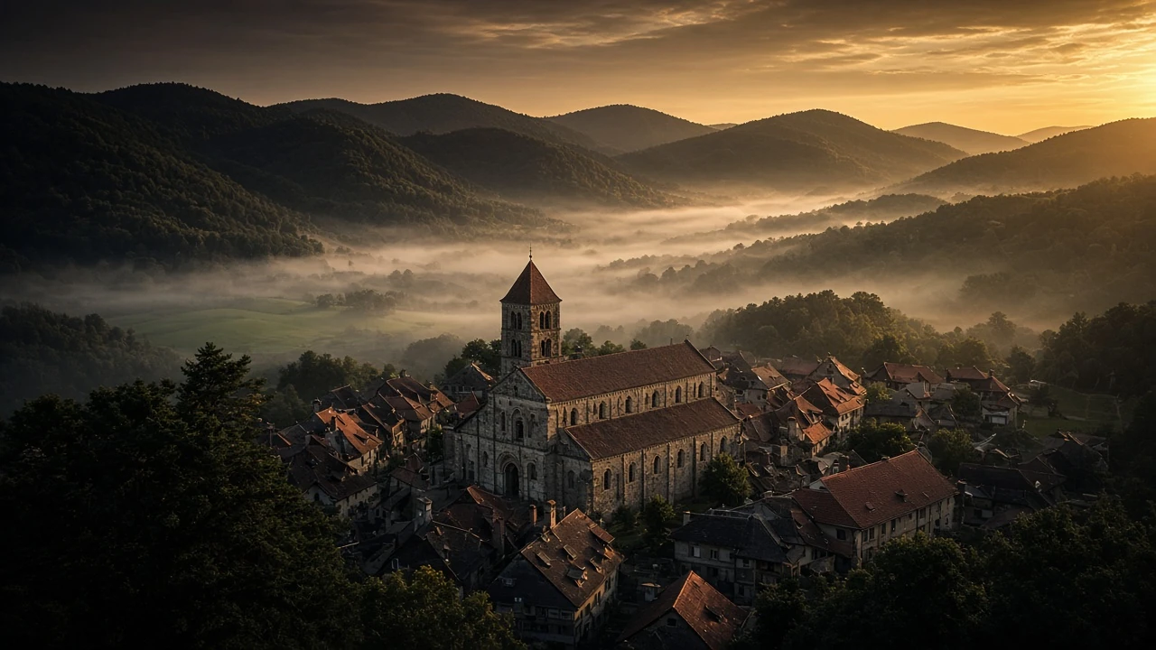 A Jura village and its Romanesque abbey at dawn, in the mist
